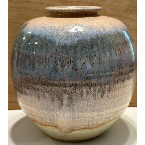 Vintage JOHN ALLAN Studio Art Pottery VasePastel Pink Blue Green Drip Glaze